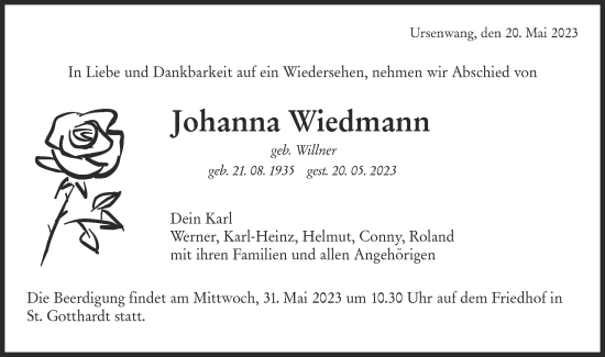 Traueranzeige von Johanna Wiedmann von SÜDWEST PRESSE