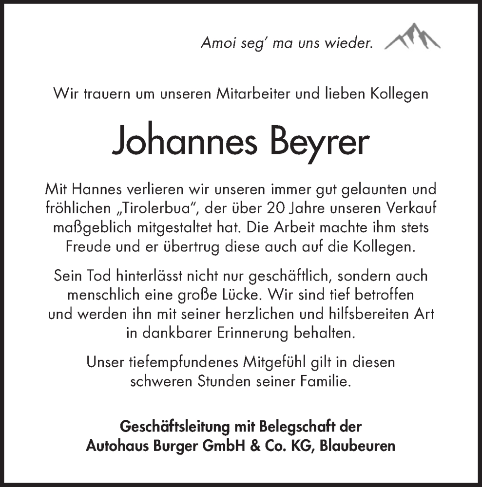  Traueranzeige für Johannes Beyrer vom 20.05.2023 aus SÜDWEST PRESSE Ausgabe Ulm/Neu-Ulm