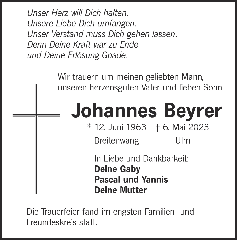  Traueranzeige für Johannes Beyrer vom 20.05.2023 aus SÜDWEST PRESSE Ausgabe Ulm/Neu-Ulm