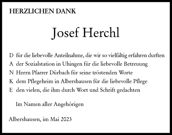 Traueranzeige von Josef Herchl von SÜDWEST PRESSE