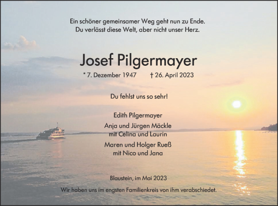 Traueranzeige von Josef Pilgermayer von SÜDWEST PRESSE Ausgabe Ulm/Neu-Ulm