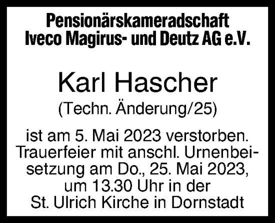 Traueranzeige von Karl Hascher von SÜDWEST PRESSE