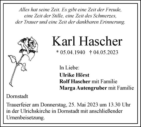 Traueranzeige von Karl Hascher von Geislinger Zeitung