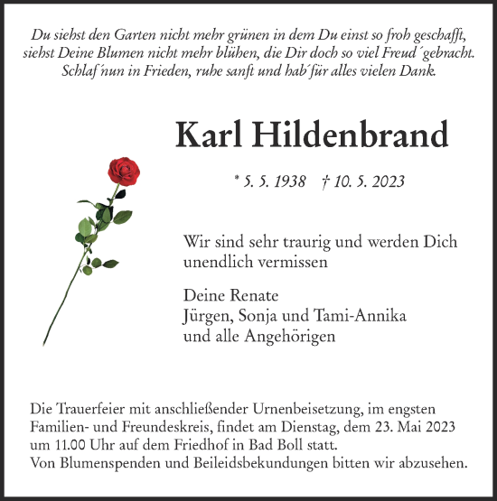 Traueranzeige von Karl Hildenbrand von NWZ Neue Württembergische Zeitung