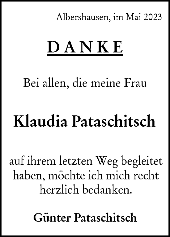 Traueranzeige von Klaudia Pataschitsch von SÜDWEST PRESSE