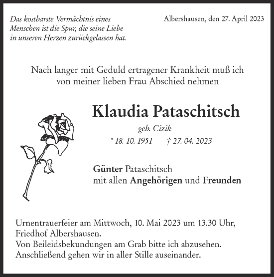 Traueranzeige von Klaudia Pataschitsch von NWZ Neue Württembergische Zeitung