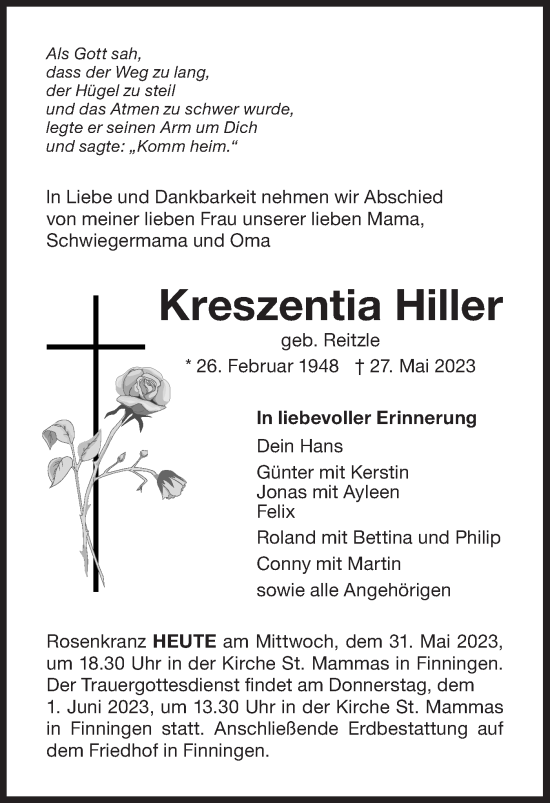 Traueranzeige von Kreszentia Hiller von SÜDWEST PRESSE Ausgabe Ulm/Neu-Ulm