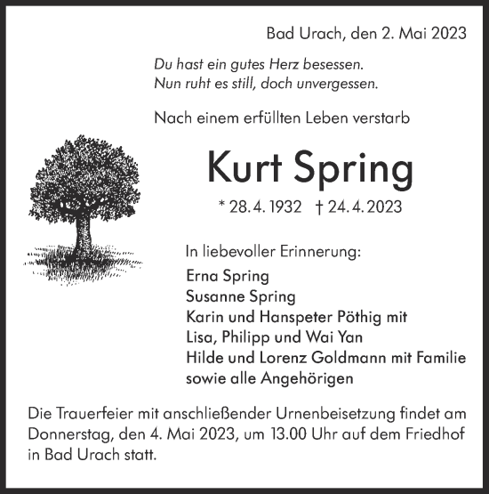 Traueranzeige von Kurt Spring von Metzinger-Uracher Volksblatt