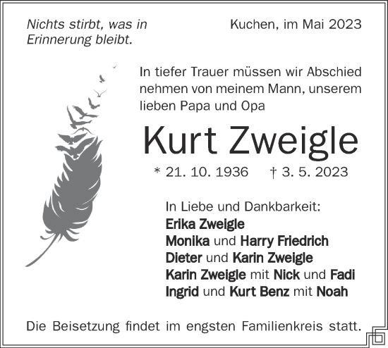 Traueranzeige von Kurt Zweigle von Geislinger Zeitung