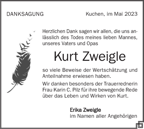 Traueranzeige von Kurt Zweigle von SÜDWEST PRESSE