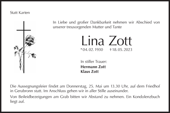 Traueranzeige von Lina Zott von SÜDWEST PRESSE