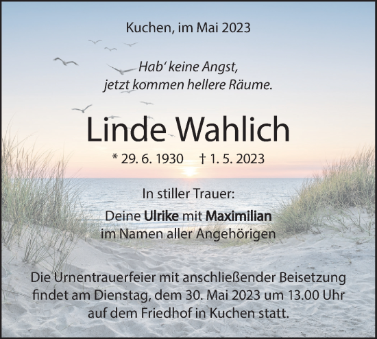 Traueranzeige von Linde Wahlich von SÜDWEST PRESSE