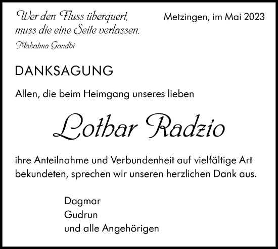 Traueranzeige von Lothar Radzio von Metzinger-Uracher Volksblatt