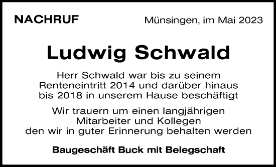 Traueranzeige von Ludwig Schwald von Alb-Bote/Metzinger-Uracher Volksblatt