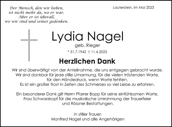 Traueranzeige von Lydia Nagel von SÜDWEST PRESSE