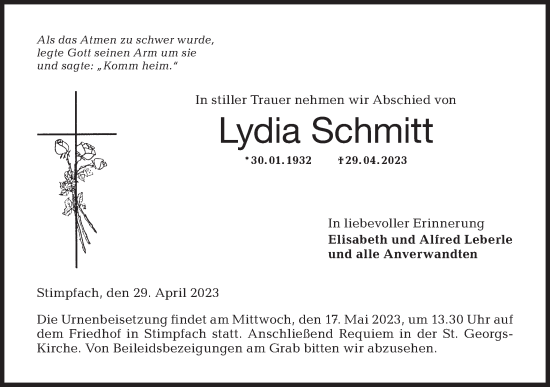 Traueranzeige von Lydia Schmitt von Hohenloher Tagblatt