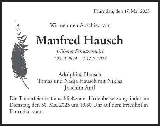 Traueranzeige von Manfred Hausch von SÜDWEST PRESSE