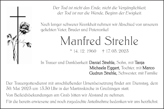 Traueranzeige von Manfred Strehle von SÜDWEST PRESSE