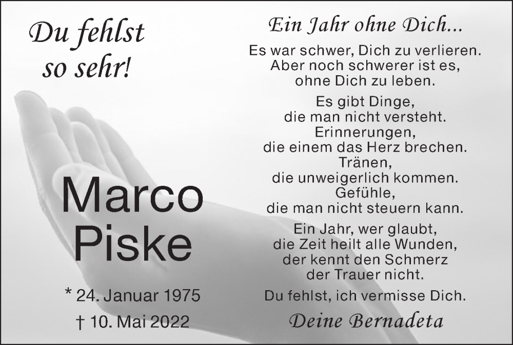  Traueranzeige für Marco Piske vom 10.05.2023 aus Haller Tagblatt