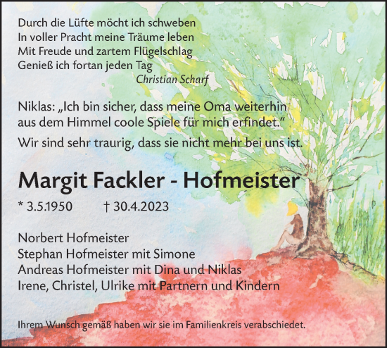 Traueranzeige von Margit Fackler-Hofmeister von SÜDWEST PRESSE