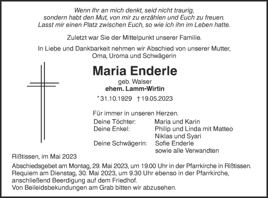 Traueranzeige von Maria Enderle von SÜDWEST PRESSE