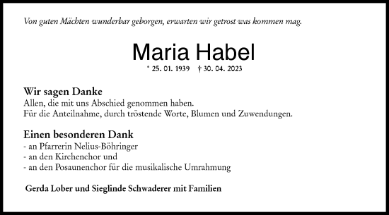 Traueranzeige von Maria Habel von Hohenloher Tagblatt