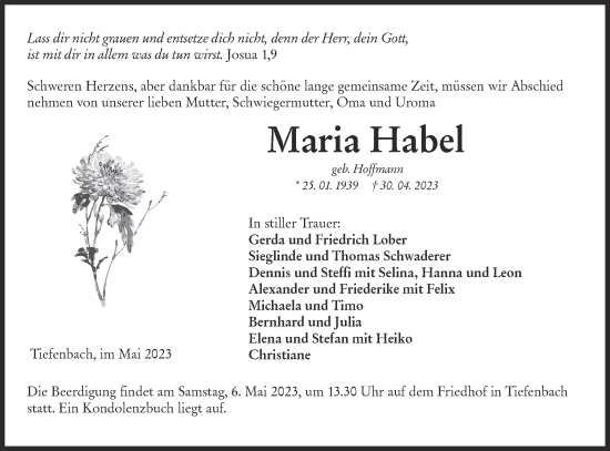 Traueranzeige von Maria Habel von Hohenloher Tagblatt