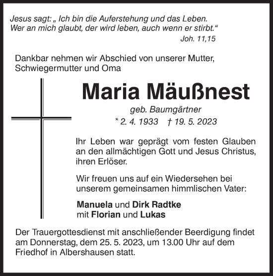 Traueranzeige von Maria Mäußnest von SÜDWEST PRESSE