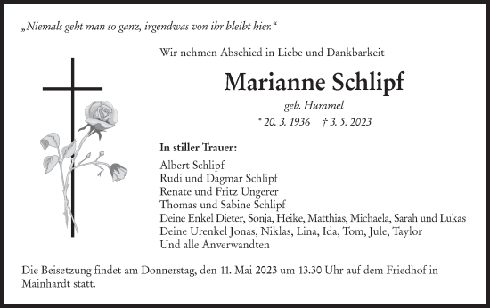 Traueranzeige von Marianne Schlipf von Haller Tagblatt