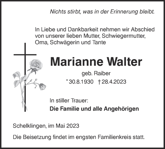 Traueranzeige von Marianne Walter von SÜDWEST PRESSE