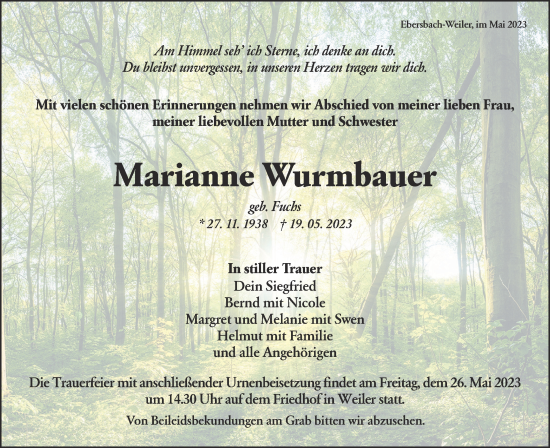 Traueranzeige von Marianne Wurmbauer von SÜDWEST PRESSE