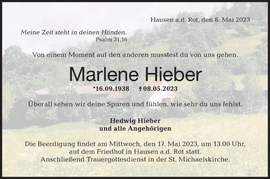 Traueranzeige von Marlene Hieber von Rundschau Gaildorf