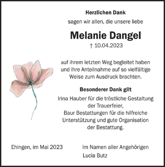 Traueranzeige von Melanie Dangel von Ehinger Tagblatt