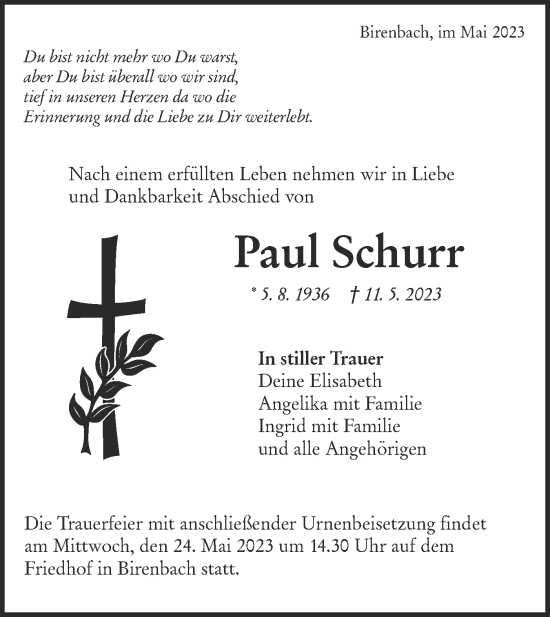 Traueranzeige von Paul Schurr von NWZ Neue Württembergische Zeitung