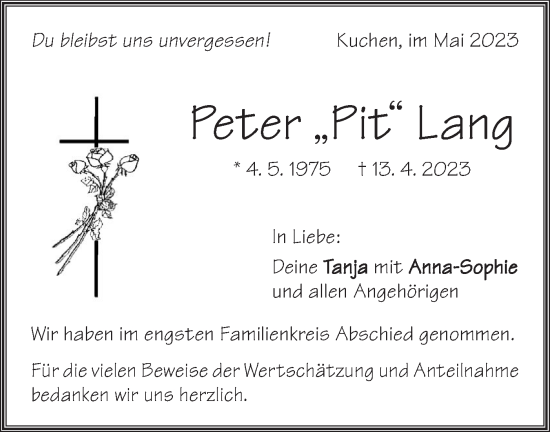 Traueranzeige von Peter Lang von SÜDWEST PRESSE