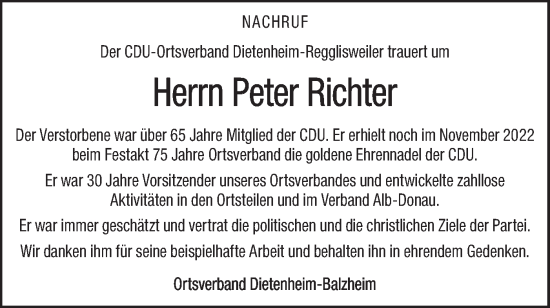 Traueranzeige von Peter Richter von SÜDWEST PRESSE Ausgabe Ulm/Neu-Ulm