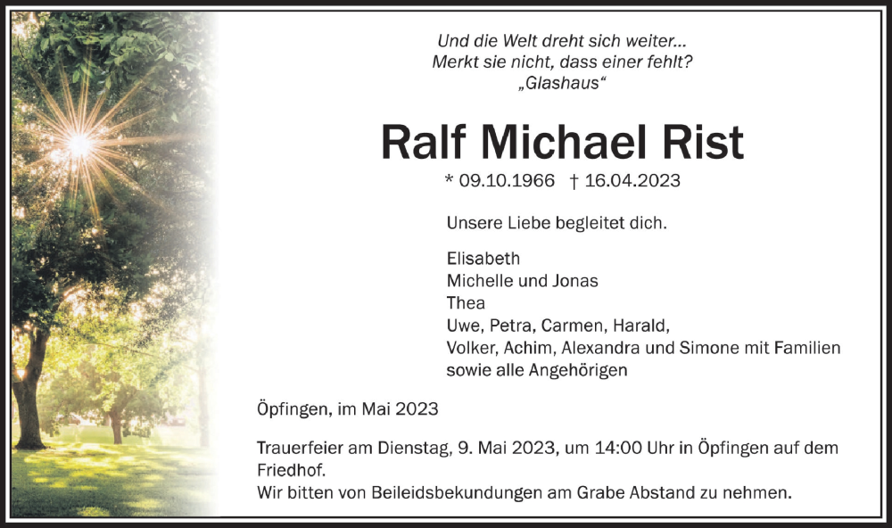  Traueranzeige für Ralf Michael Rist vom 04.05.2023 aus Ehinger Tagblatt