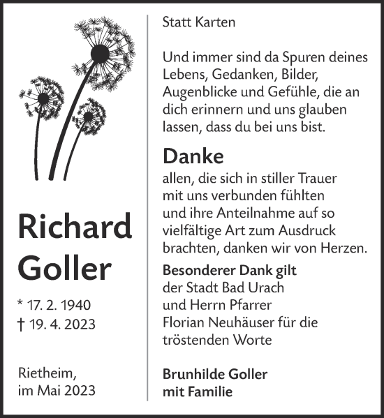 Traueranzeige von Richard Goller von Alb-Bote/Metzinger-Uracher Volksblatt