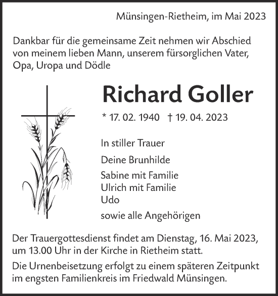 Traueranzeige von Richard Goller von Alb-Bote/Metzinger-Uracher Volksblatt