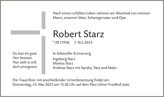 Traueranzeige von Robert Starz von SÜDWEST PRESSE Ausgabe Ulm/Neu-Ulm