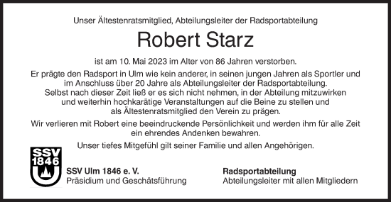 Traueranzeige von Robert Starz von SÜDWEST PRESSE Ausgabe Ulm/Neu-Ulm