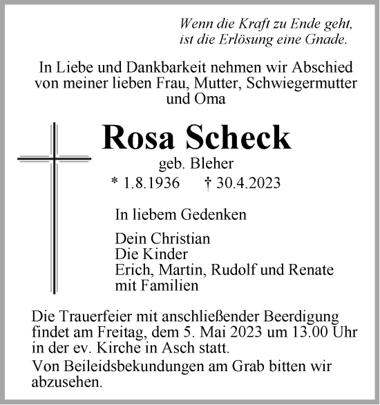 Traueranzeige von Rosa Scheck von SÜDWEST PRESSE Ausgabe Ulm/Neu-Ulm