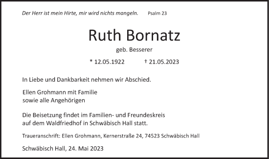 Traueranzeige von Ruth Bornatz von SÜDWEST PRESSE