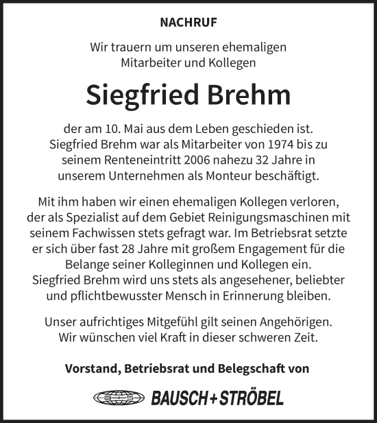 Traueranzeige von Siegfried Brehm von SÜDWEST PRESSE