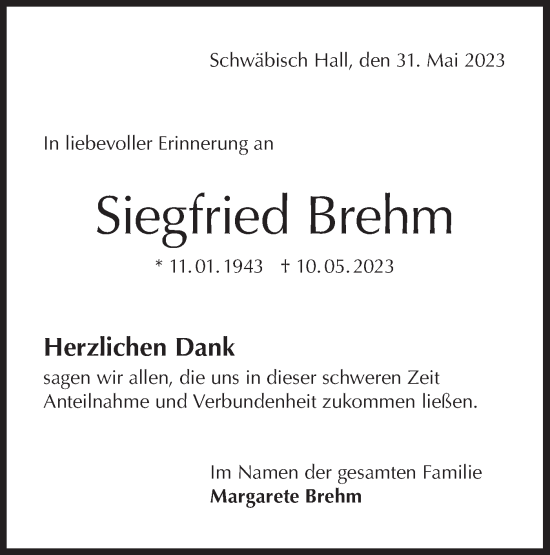 Traueranzeige von Siegfried Brehm von Haller Tagblatt