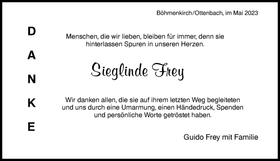 Traueranzeige von Sieglinde Frey von SÜDWEST PRESSE