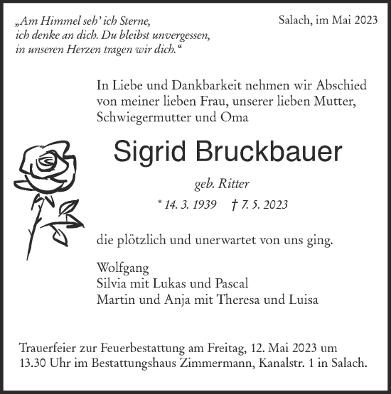 Traueranzeige von Sigrid Bruckbauer von NWZ Neue Württembergische Zeitung