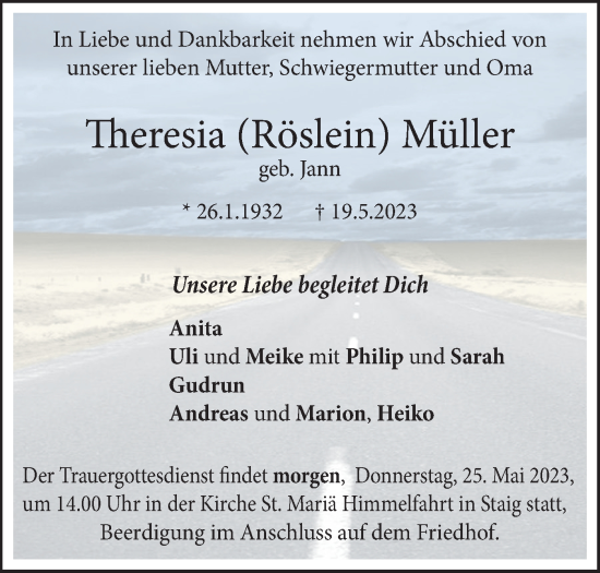 Traueranzeige von Theresia Müller von SÜDWEST PRESSE