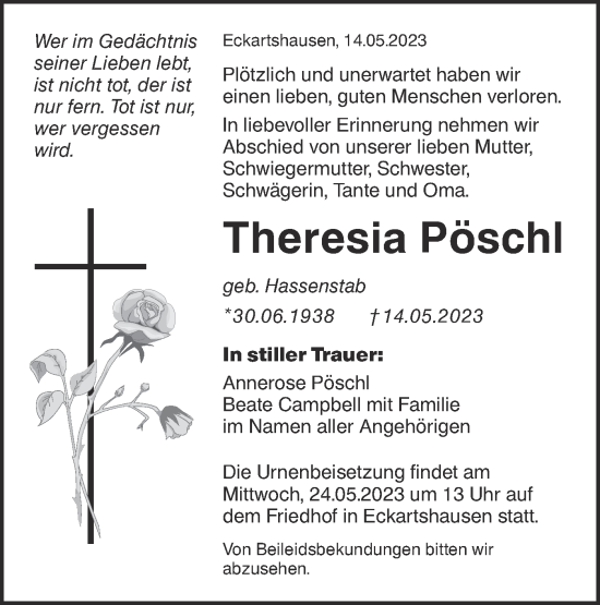 Traueranzeige von Theresia Pöschl von Haller Tagblatt