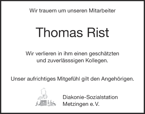 Traueranzeige von Thomas Rist von Metzinger-Uracher Volksblatt